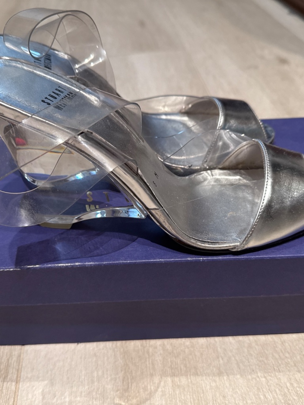 Stuart Weitzman Silver Wedge Heels with Clear Straps - Size 8 - Picture 3 of 5